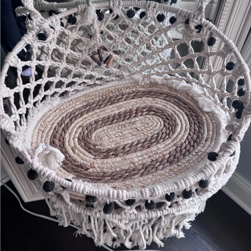 Boho Macramé Hanging Basket with Black Pom-Pom Trim - Picture 4 of 4